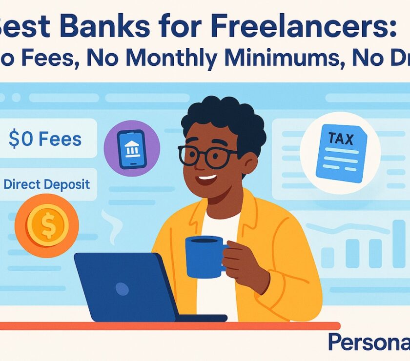 A smiling freelancer at a laptop with icons of dollar signs, mobile banking apps, and “no fee” features, representing modern no-fee banking in 2025