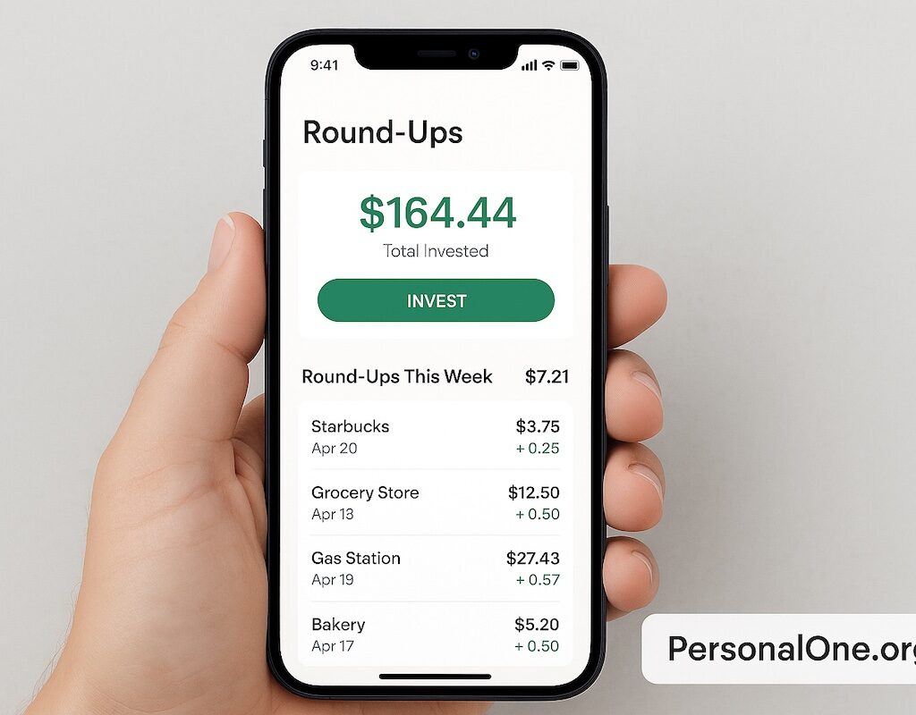 Smartphone showing round-up best apps to automatically invest spare change