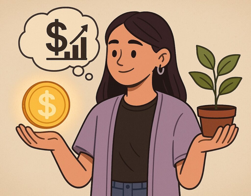 Gen Z woman holding a glowing coin in one hand and a plant in the other, symbolizing money mindset shift and investment chart
