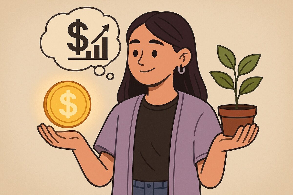 Gen Z woman holding a glowing coin in one hand and a plant in the other, symbolizing money mindset shift and investment chart