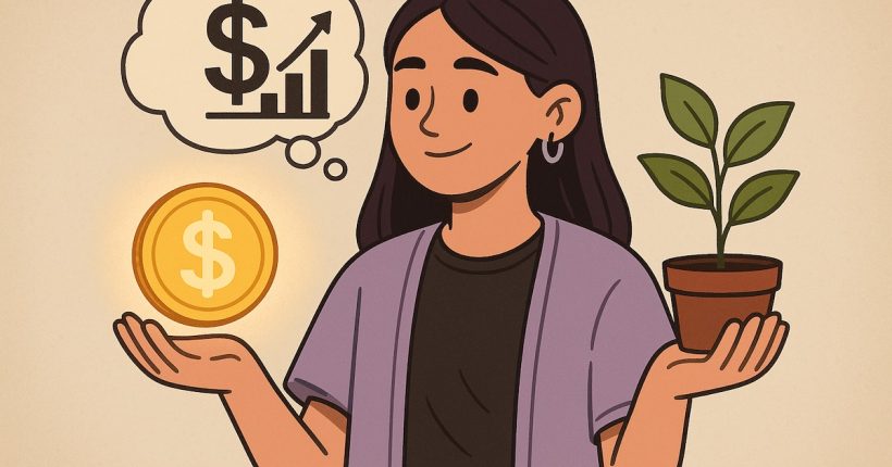 Gen Z woman holding a glowing coin in one hand and a plant in the other, symbolizing money mindset shift and investment chart