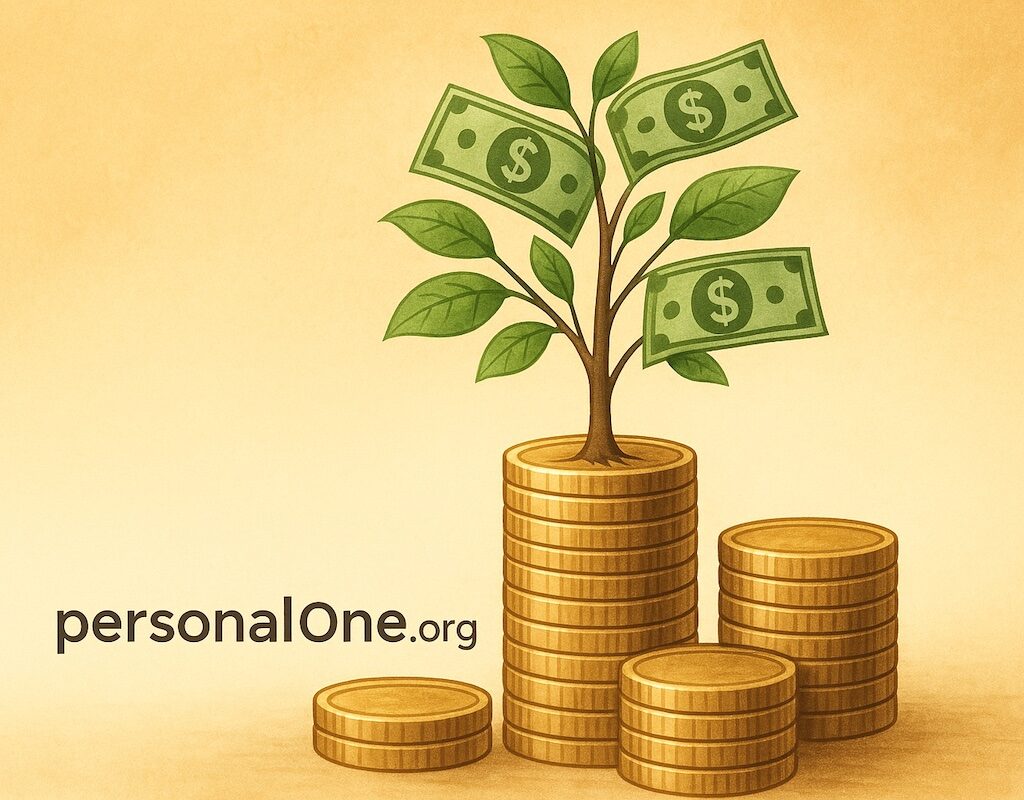 Money tree growing from stacks of coins, symbolizing passive income streams freedom