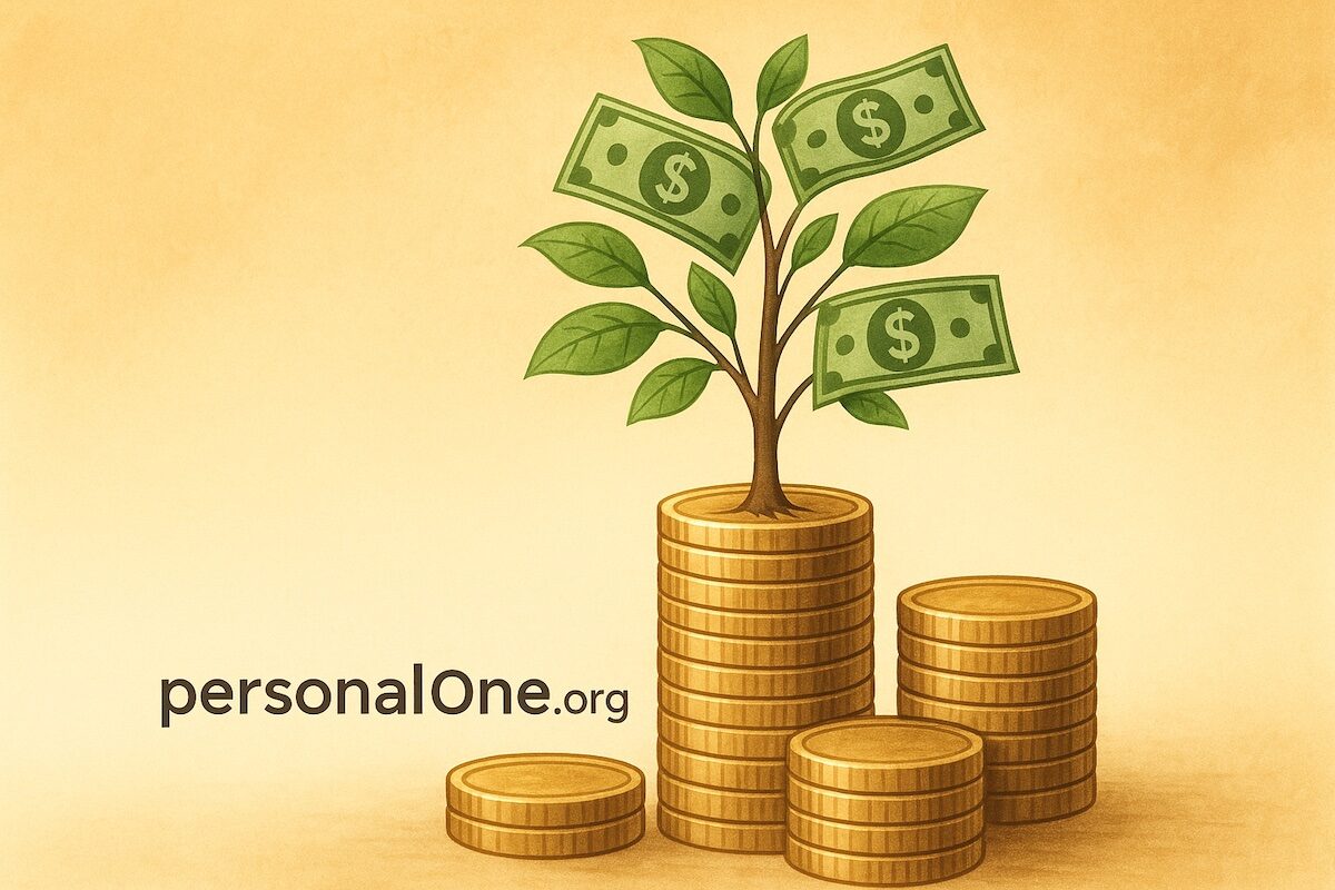 Money tree growing from stacks of coins, symbolizing passive income streams freedom