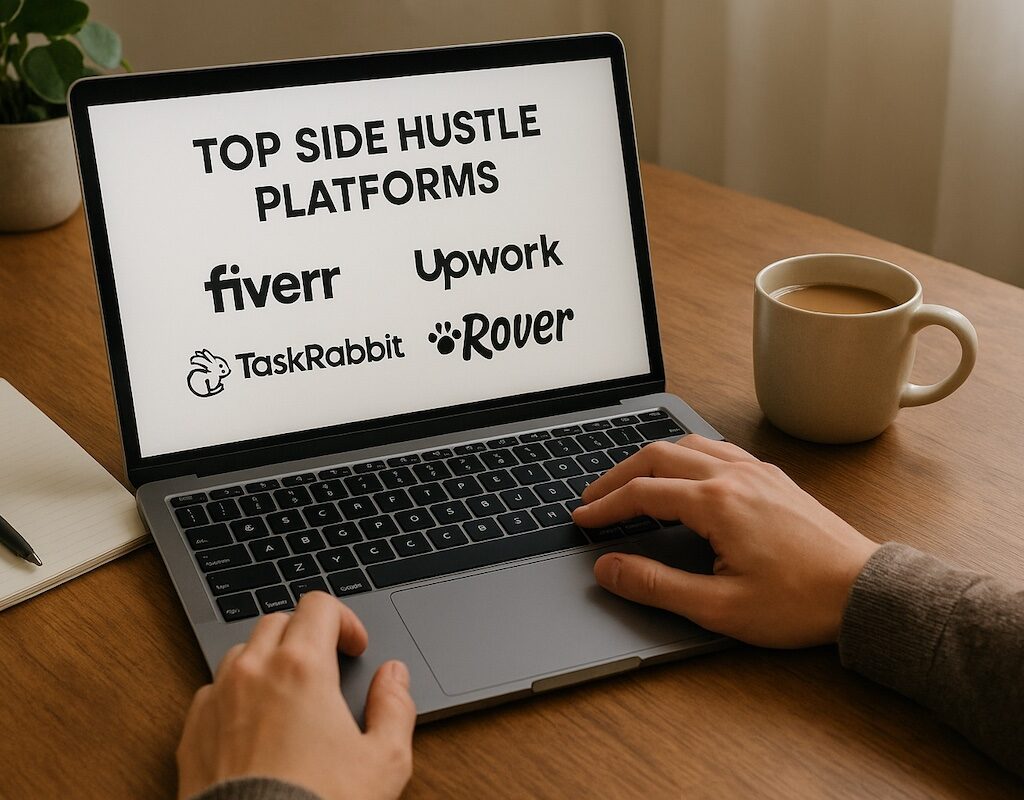 A person working from home with a laptop and coffee, exploring top side hustle platforms