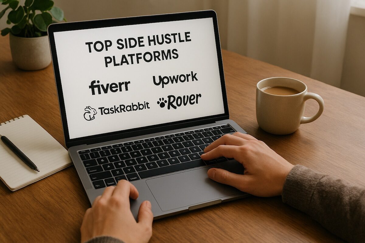 A person working from home with a laptop and coffee, exploring top side hustle platforms