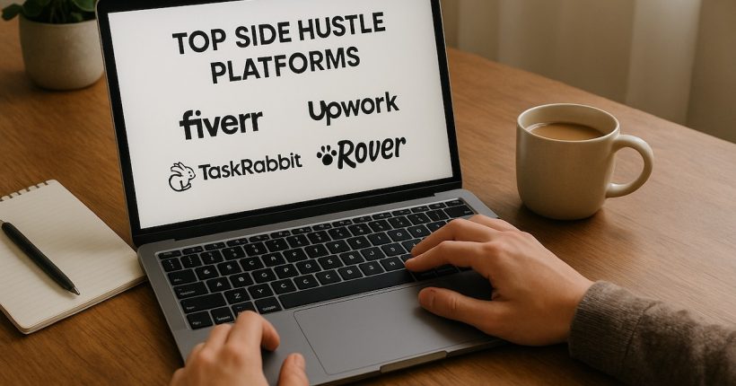 A person working from home with a laptop and coffee, exploring top side hustle platforms