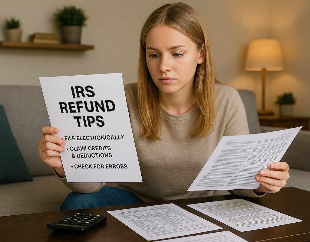Young adult using tax tips to increase IRS refund, with checklist and student loan icons in background