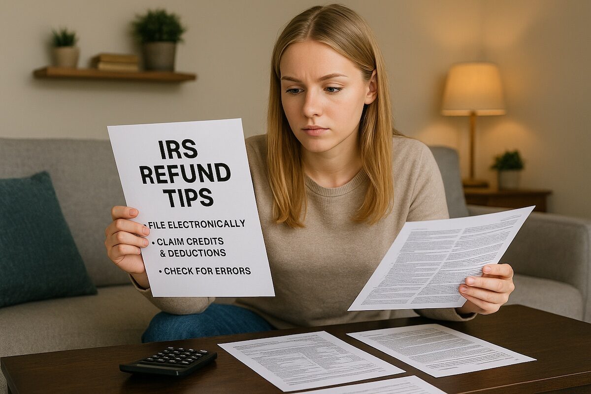 Young adult using tax tips to increase IRS refund, with checklist and student loan icons in background