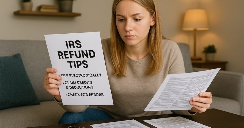 Young adult using tax tips to increase IRS refund, with checklist and student loan icons in background