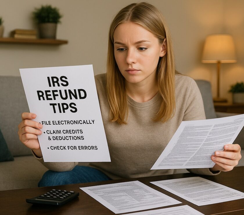 Young adult using tax tips to increase IRS refund, with checklist and student loan icons in background