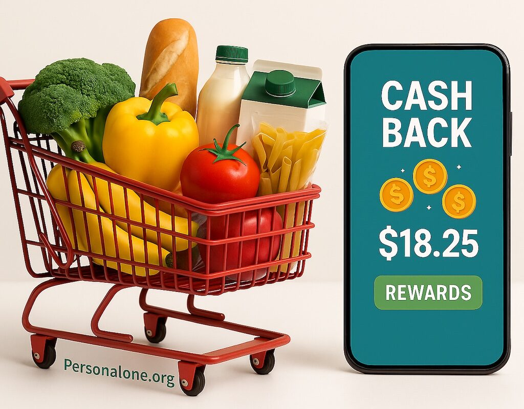 Shopping cart along side grocery cashback app on smartphone screen