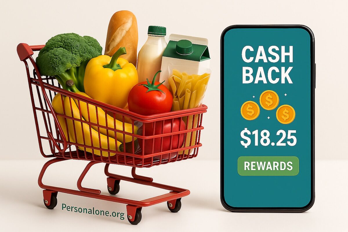 Shopping cart along side grocery cashback app on smartphone screen