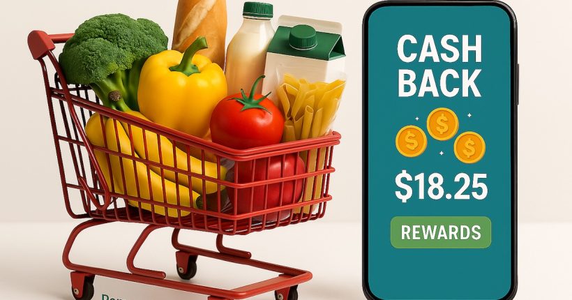 Shopping cart along side grocery cashback app on smartphone screen