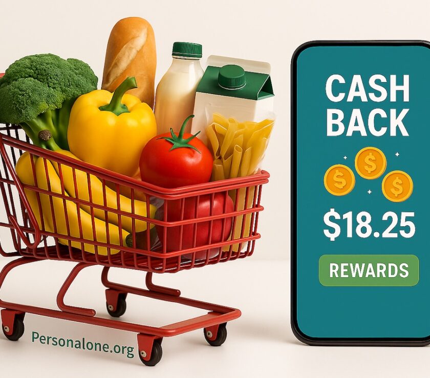 Shopping cart along side grocery cashback app on smartphone screen