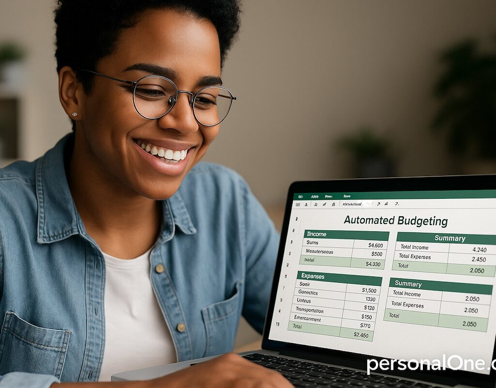 Gen Z woman smiling at laptop with automate monthly budget spreadsheet on screen