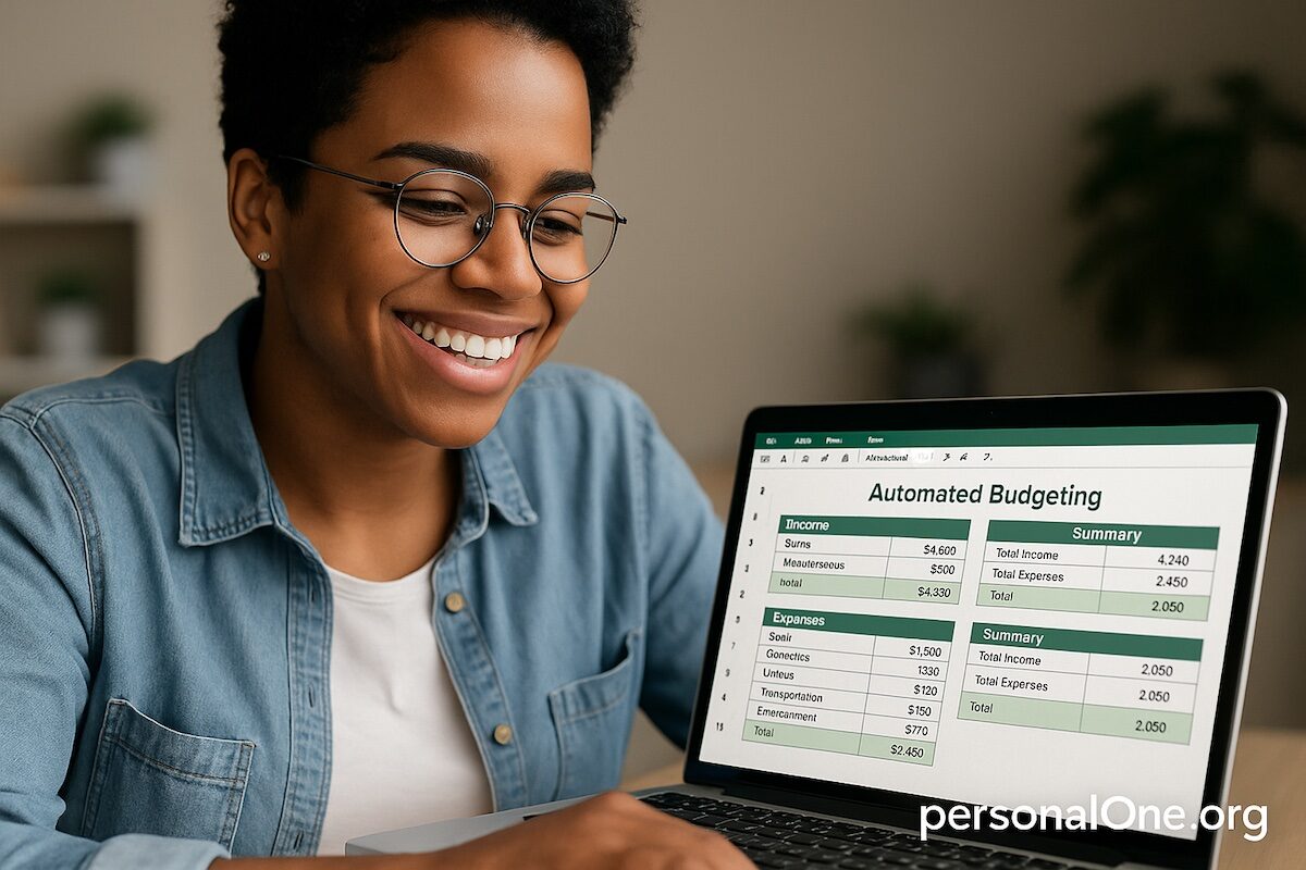 Gen Z woman smiling at laptop with automate monthly budget spreadsheet on screen