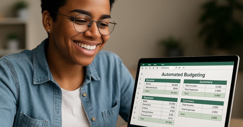 Gen Z woman smiling at laptop with automate monthly budget spreadsheet on screen