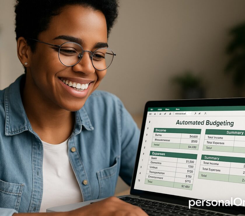 Gen Z woman smiling at laptop with automate monthly budget spreadsheet on screen