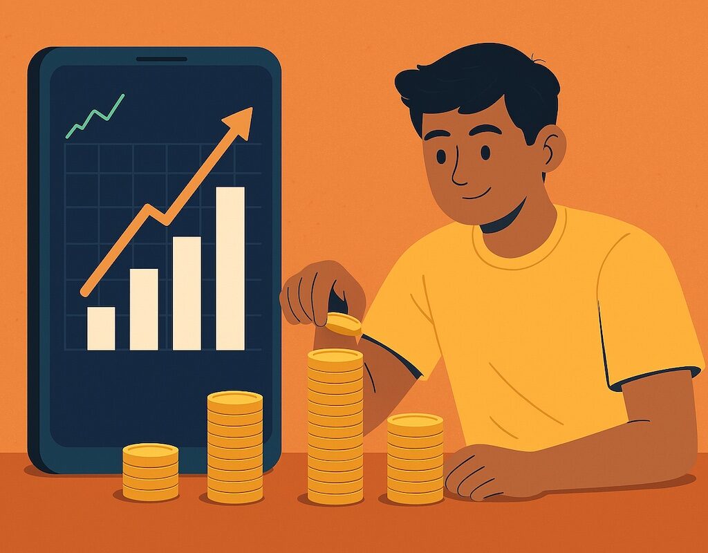 llustration of a Gen Z investor building a million-dollar portfolio with a smartphone showing investment growth graph