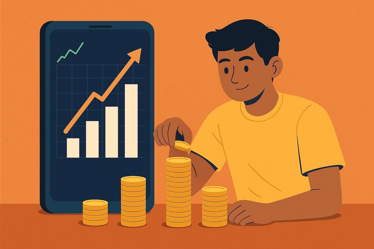 llustration of a Gen Z investor building a million-dollar portfolio with a smartphone showing investment growth graph