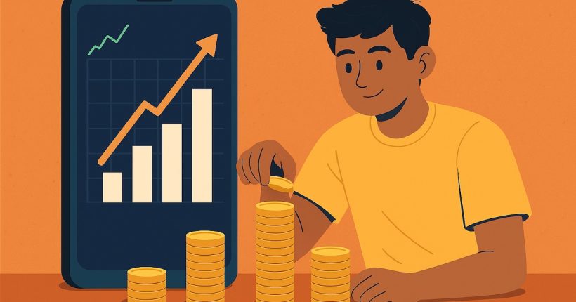 llustration of a Gen Z investor building a million-dollar portfolio with a smartphone showing investment growth graph