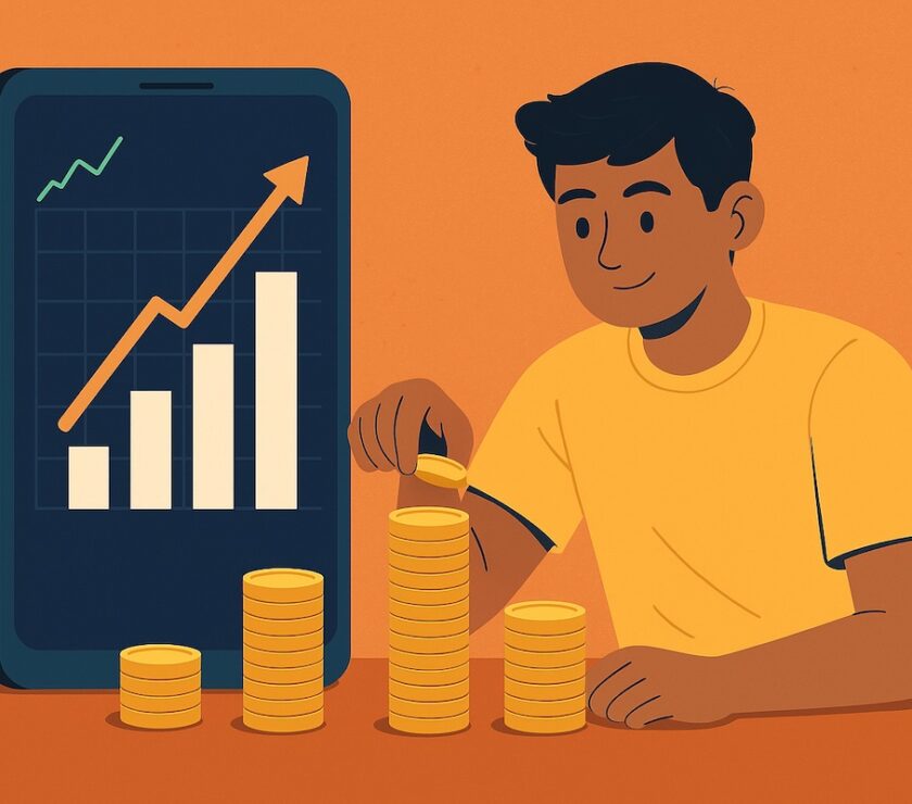 llustration of a Gen Z investor building a million-dollar portfolio with a smartphone showing investment growth graph