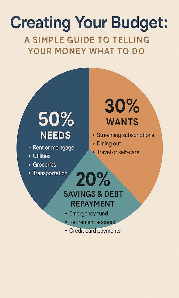 Budget infographic showing the 50/30/20 rule for creating your first budget