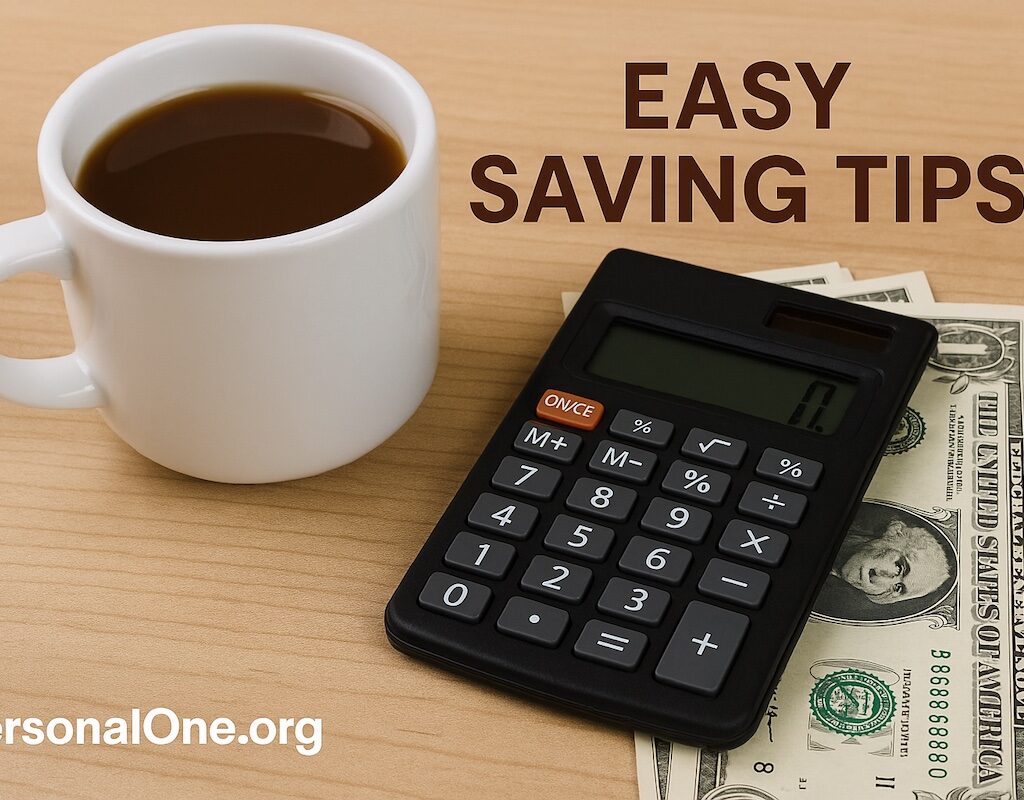 Coffee cup with a calculator and dollar bills, representing start saving without cutting coffee tips