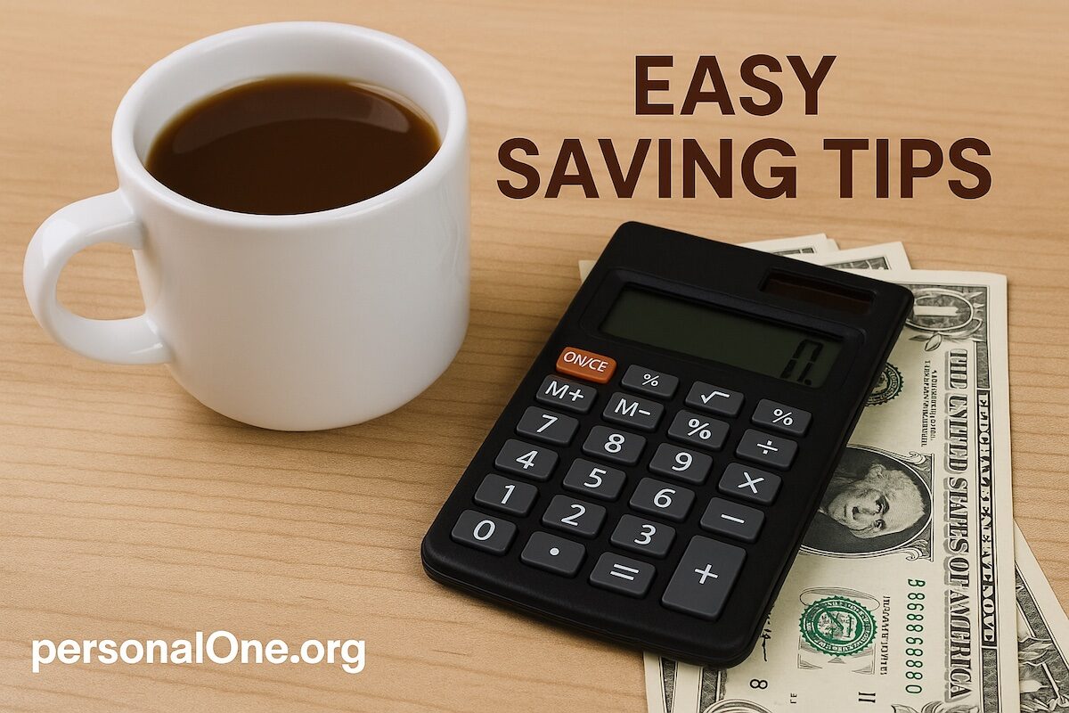 Coffee cup with a calculator and dollar bills, representing start saving without cutting coffee tips