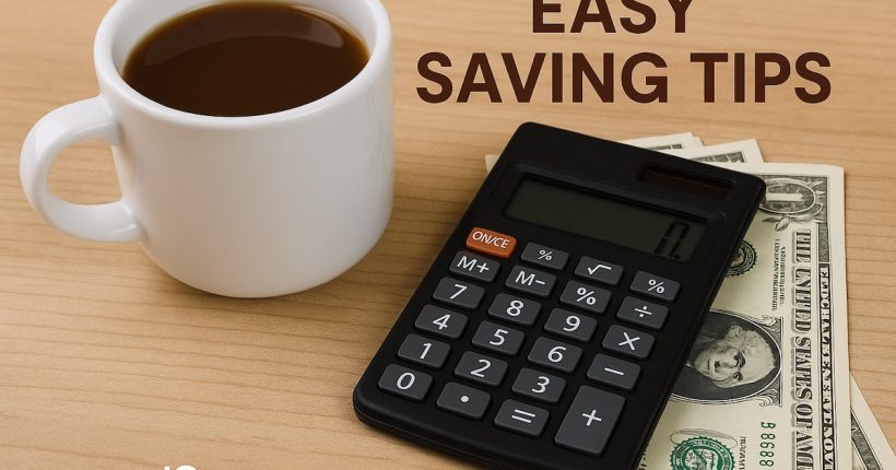 Coffee cup with a calculator and dollar bills, representing start saving without cutting coffee tips