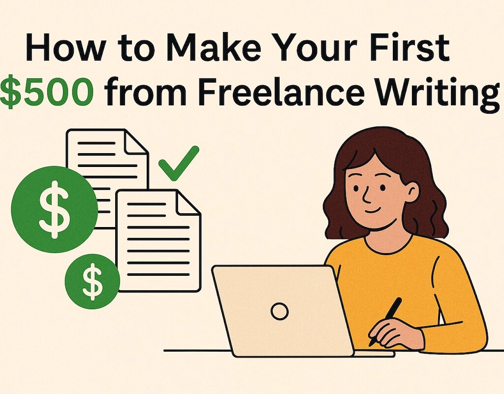 A Gen Z freelance writing on a laptop with dollar signs and article ideas floating around