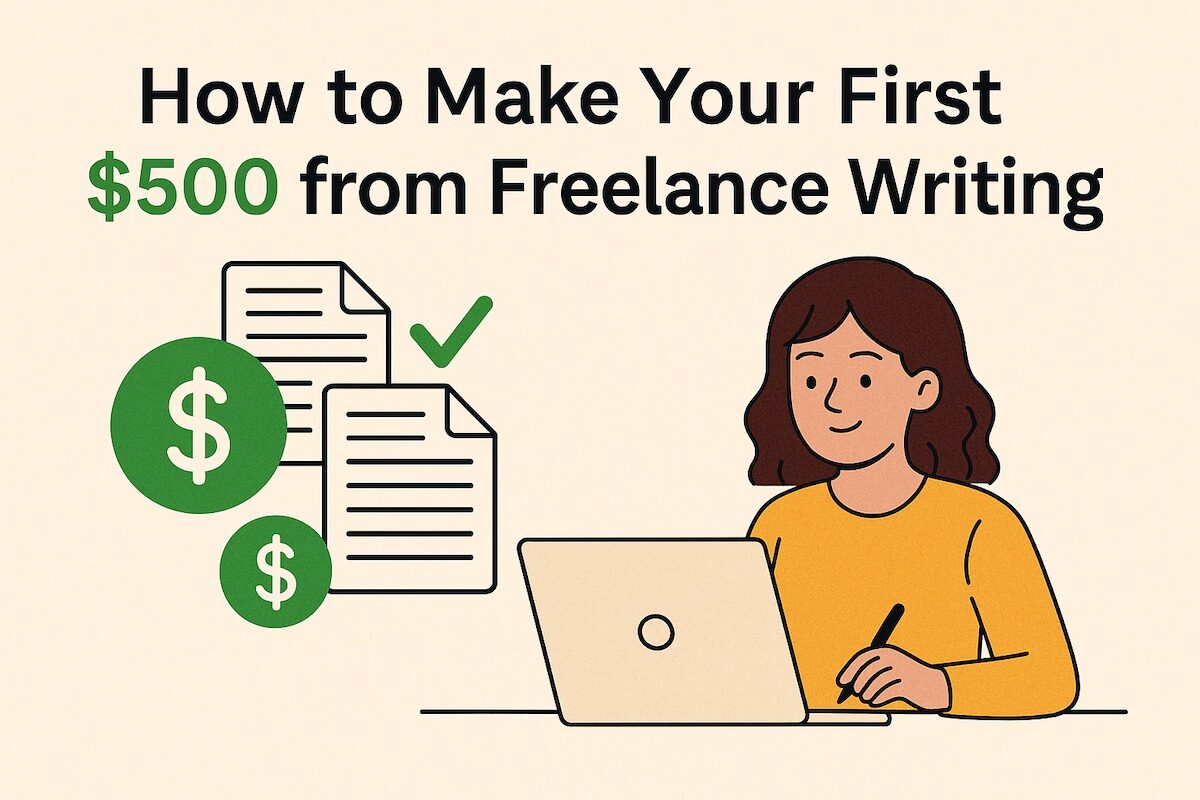 A Gen Z freelance writing on a laptop with dollar signs and article ideas floating around