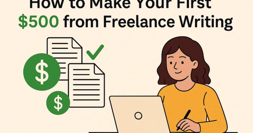 A Gen Z freelance writing on a laptop with dollar signs and article ideas floating around