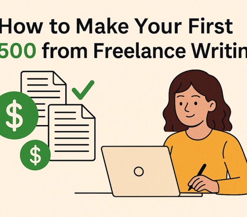A Gen Z freelance writing on a laptop with dollar signs and article ideas floating around