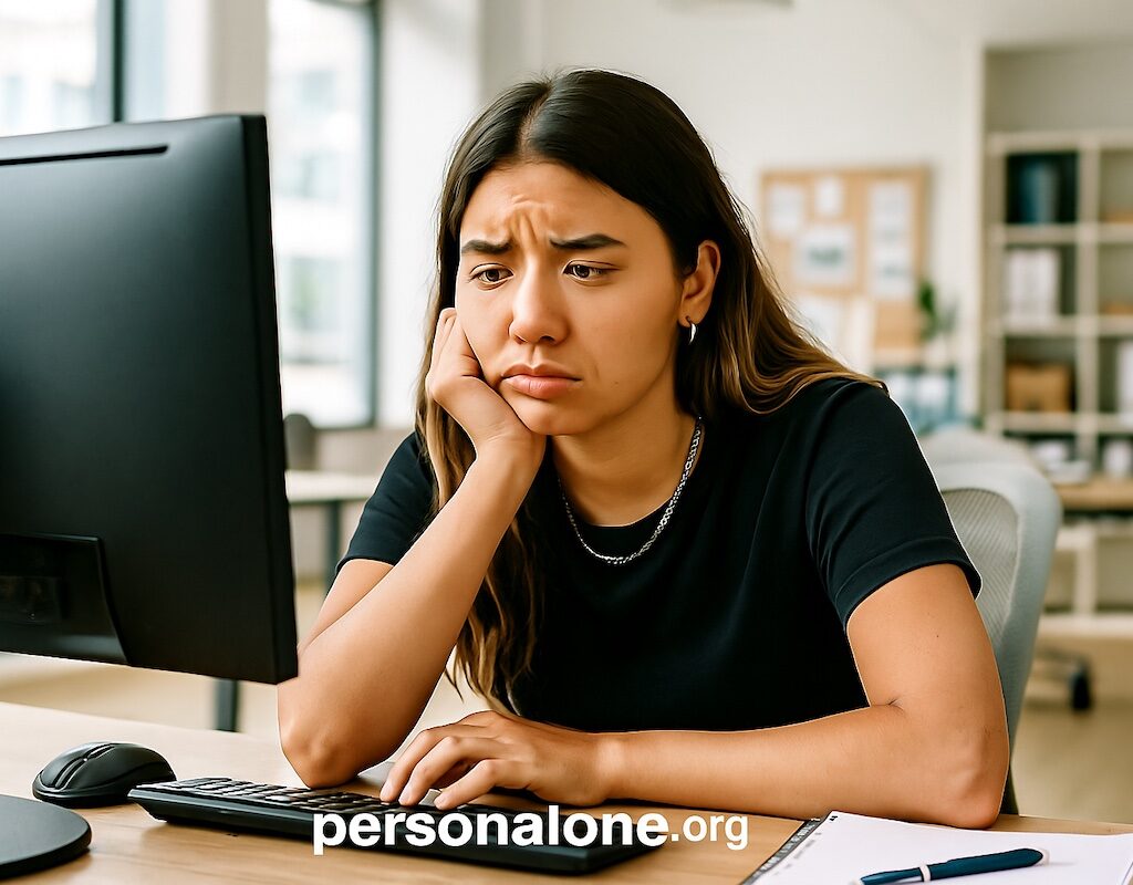 Gen Z woman at her 9 to 5 job thinking of doing some freelancing work