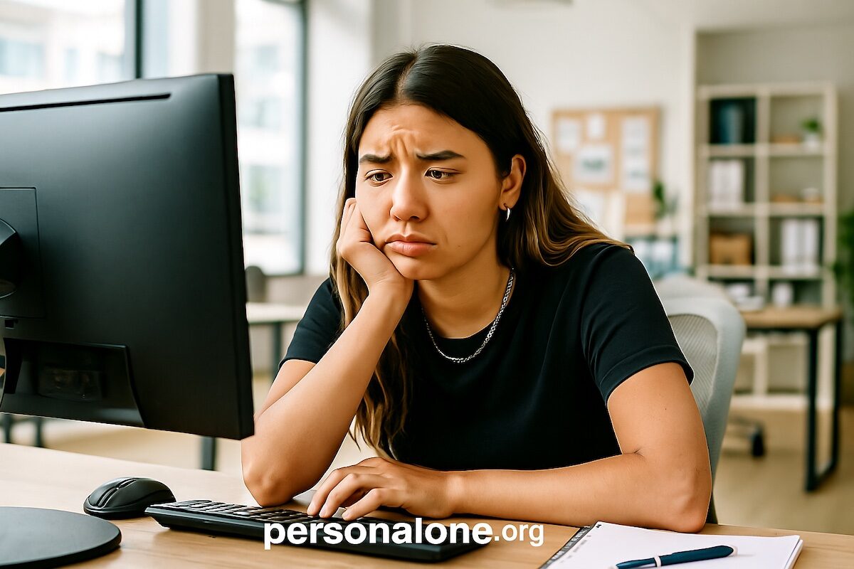 Gen Z woman at her 9 to 5 job thinking of doing some freelancing work