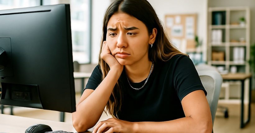 Gen Z woman at her 9 to 5 job thinking of doing some freelancing work