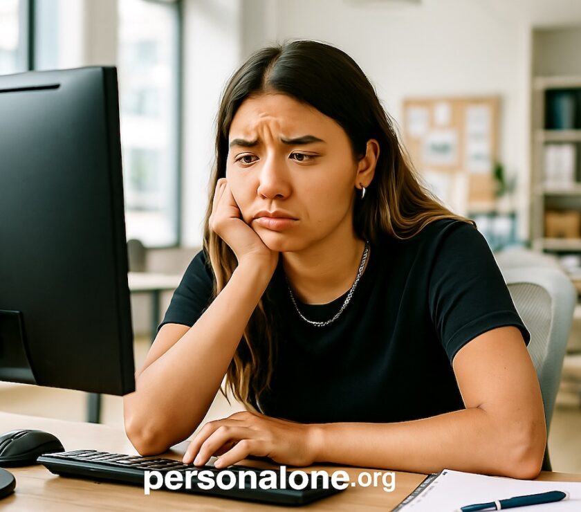 Gen Z woman at her 9 to 5 job thinking of doing some freelancing work