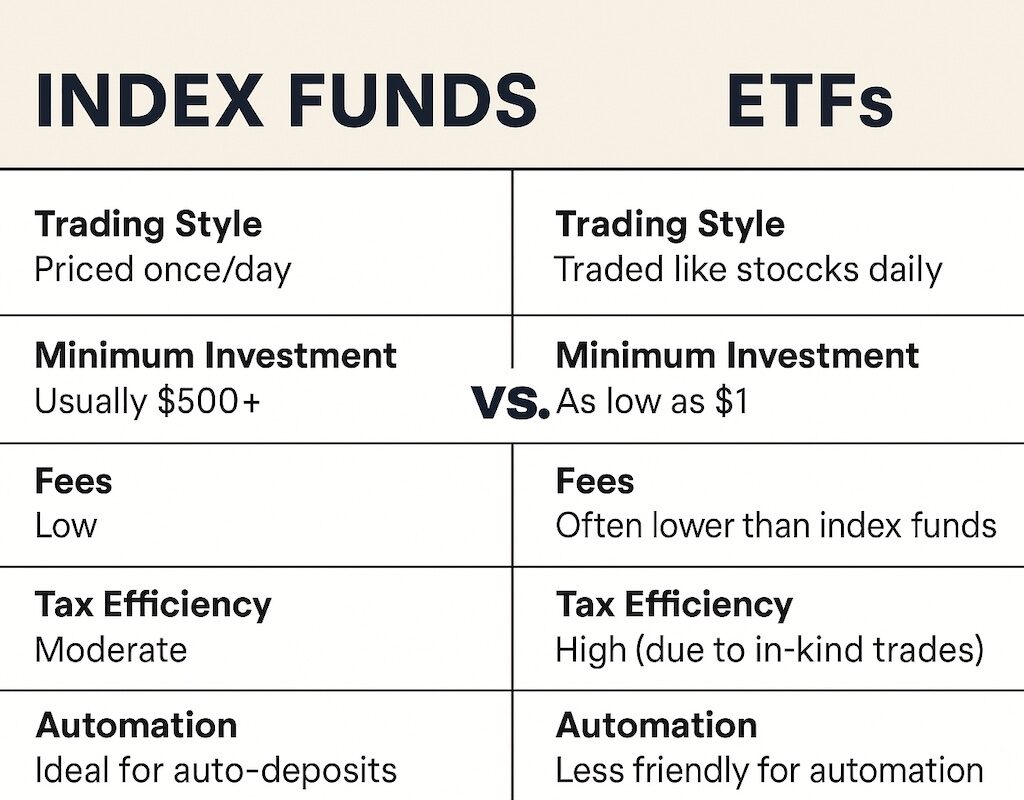 A comparison chart showing differences between index funds vs ETFs for investors