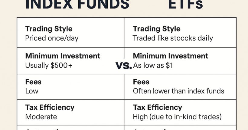 A comparison chart showing differences between index funds vs ETFs for investors