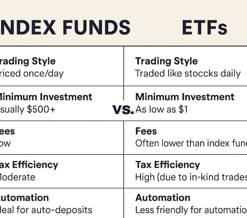 A comparison chart showing differences between index funds vs ETFs for investors