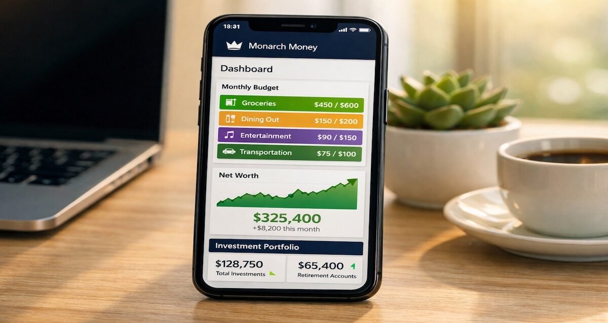 Monarch Money app interface showing complete financial picture including budgets, investments, and net worth tracking in one automated dashboard