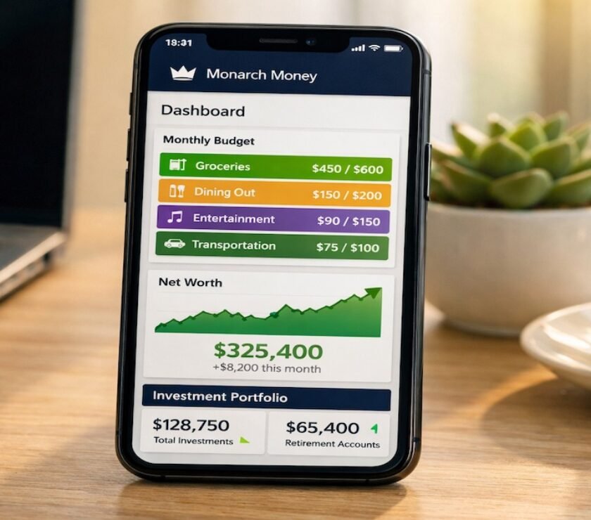 Monarch Money app interface showing complete financial picture including budgets, investments, and net worth tracking in one automated dashboard