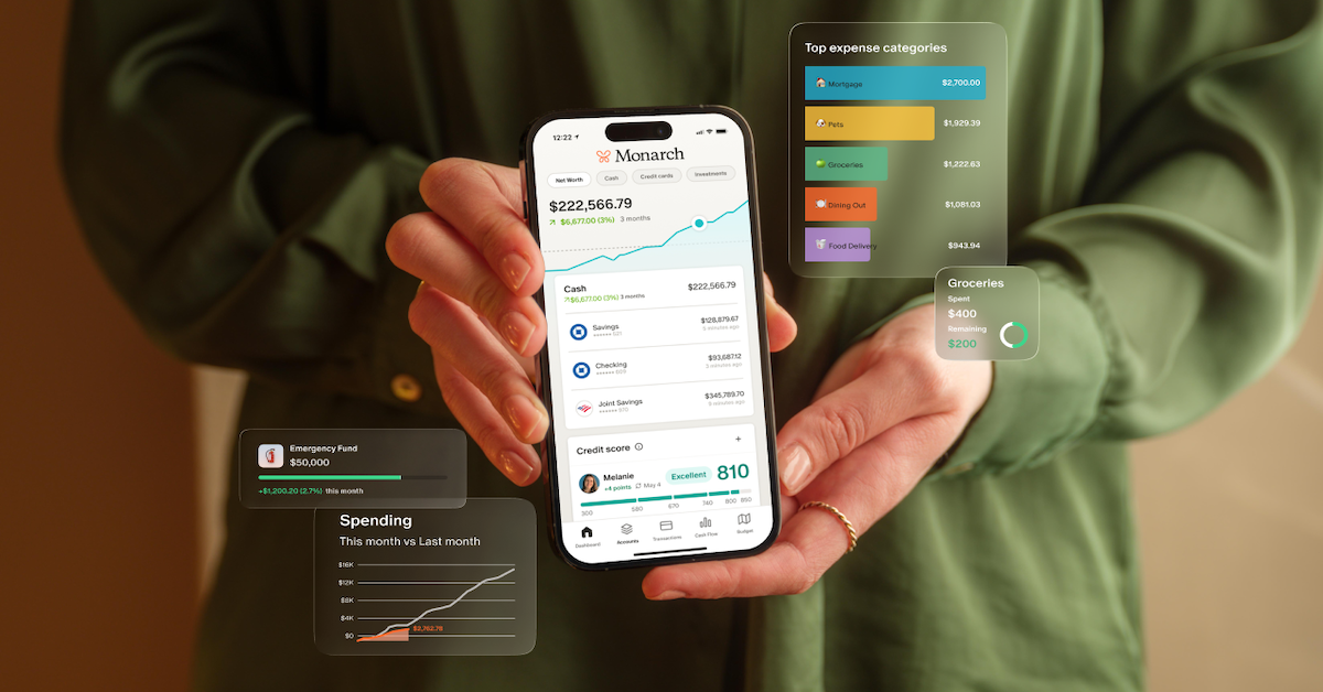 Monarch Money app interface showing complete financial picture including budgets, investments, and net worth tracking in one automated dashboard