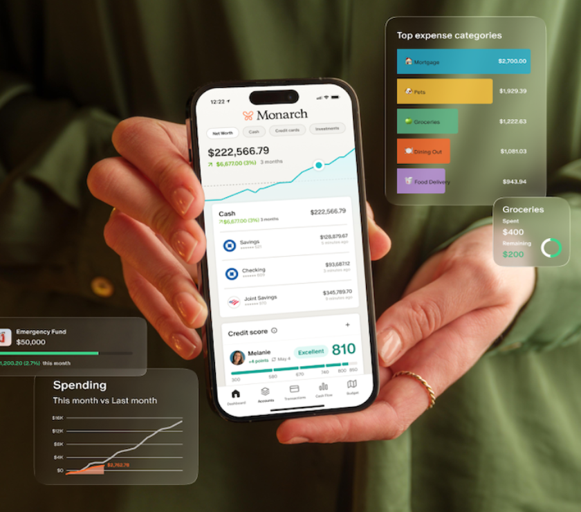 Monarch Money app interface showing complete financial picture including budgets, investments, and net worth tracking in one automated dashboard