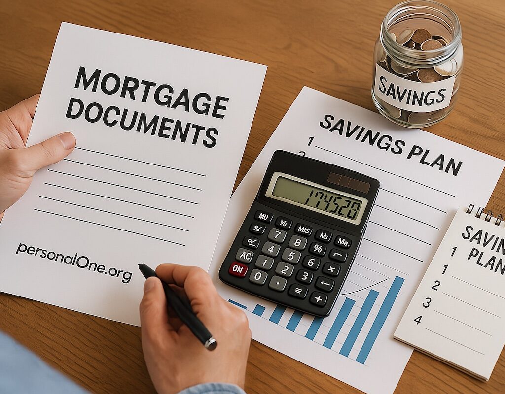 A person reviewing their mortgage documents with a calculator and savings plan, symbolizing financial strategies for mortgage savings