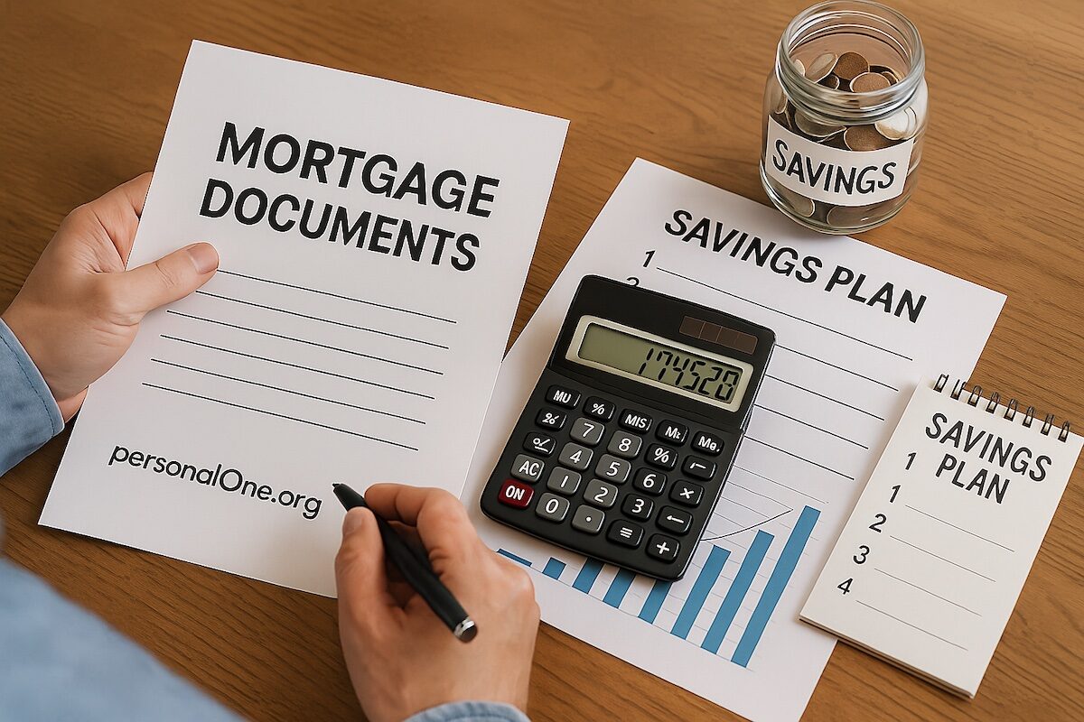 A person reviewing their mortgage documents with a calculator and savings plan, symbolizing financial strategies for mortgage savings