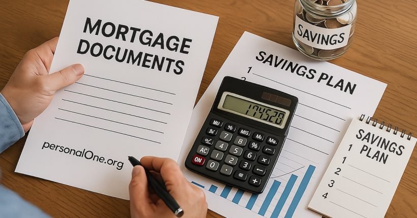 A person reviewing their mortgage documents with a calculator and savings plan, symbolizing financial strategies for mortgage savings