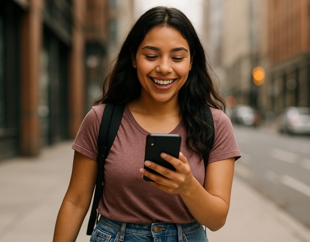 Person walking in the city, happy because of money made with passive income apps