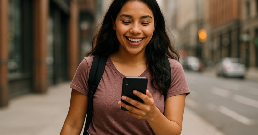 Person walking in the city, happy because of money made with passive income apps